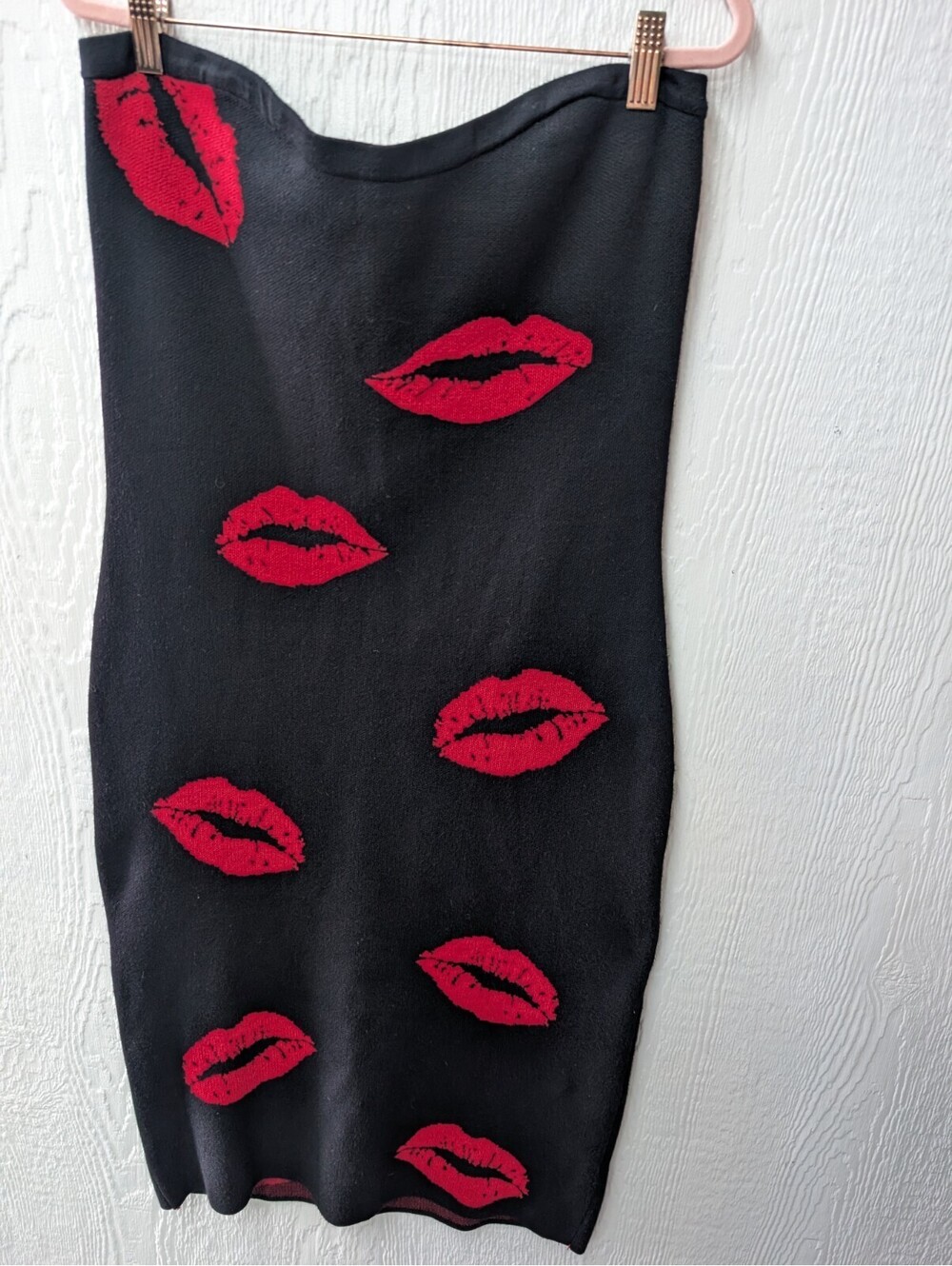 Madden Girl Black Knit Strapless Bodycon Midi Dress Red Lips Club Date Romantic - Picture 2 of 7